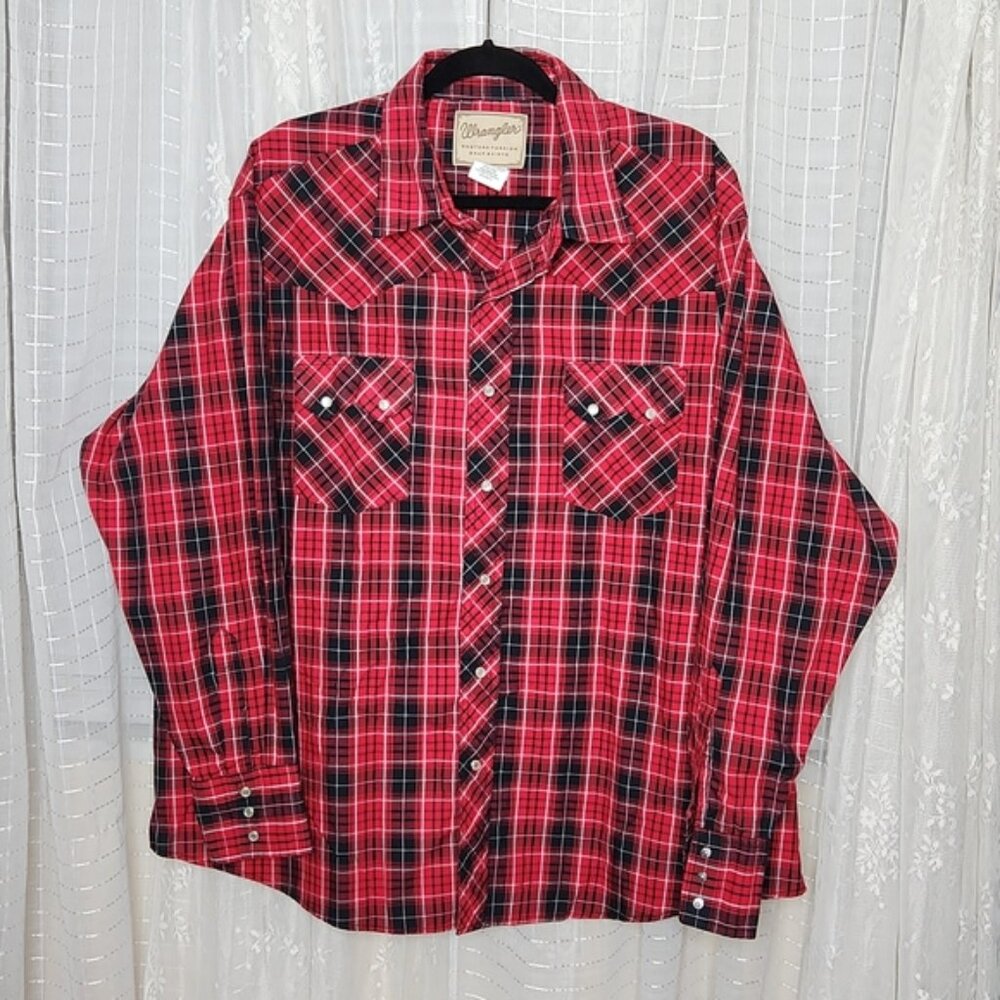 Wrangler Red Plaid Wrangler Long Sleeve Western Pearl Snap Shirt Men's SzXXL